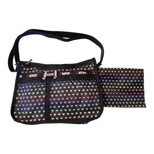 NWOT Lesportsac Shoulder Expandable Bag Black with Multiple Polka Dots